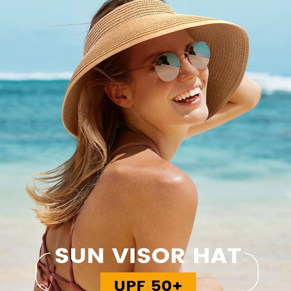 Beach Sun Straw Hats for Women, UPF 50+ UV Sun Protection Wide Brim Summer Straw - Picture 4 of 7